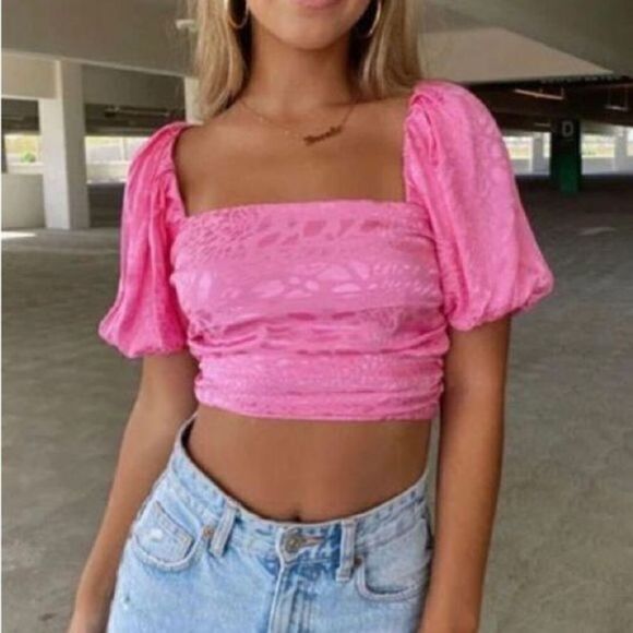 Lace Back Pink Puff Sleeve Leopard crop top Small - Picture 1 of 3
